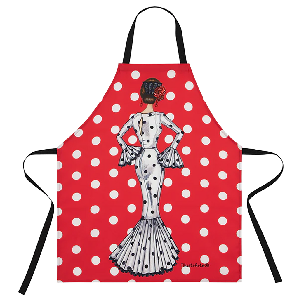 Delantal Flamenco “María Blanco” – Vestido Blanco con Lunares Negros sobre Fondo Rojo
