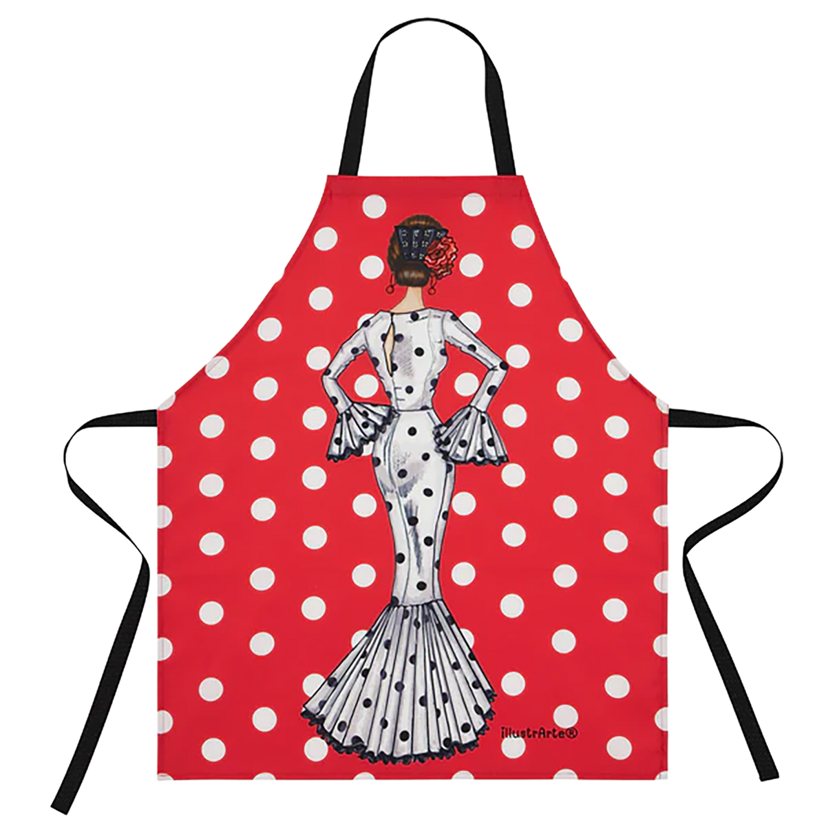 Delantal Flamenco “María Blanco” – Vestido Blanco con Lunares Negros sobre Fondo Rojo