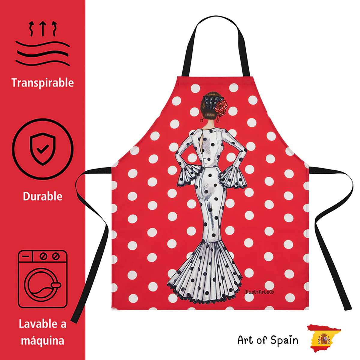 Delantal Flamenco “María Blanco” – Vestido Blanco con Lunares Negros sobre Fondo Rojo_exp2