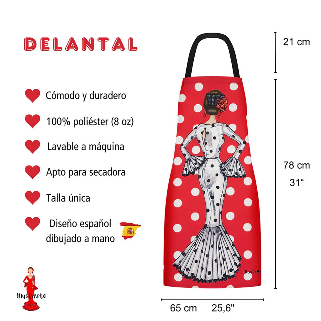 Delantal Flamenco “María Blanco” – Vestido Blanco con Lunares Negros sobre Fondo Rojo_exp3
