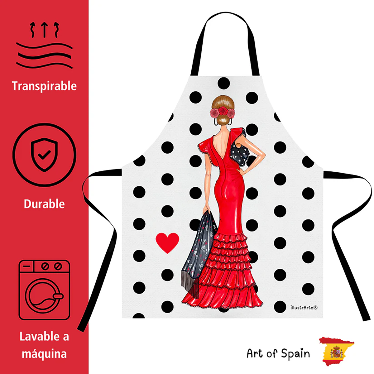 Delantal Flamenco “Manuela” – Vestido Rojo sobre Fondo Blanco con Lunares Negros_exp3