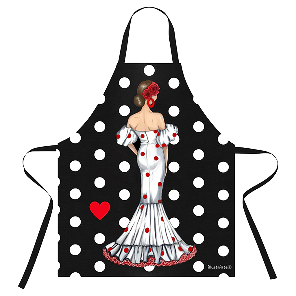 Delantal Flamenco “Maite” – Vestido Blanco con Lunares Rojos sobre Fondo Negro