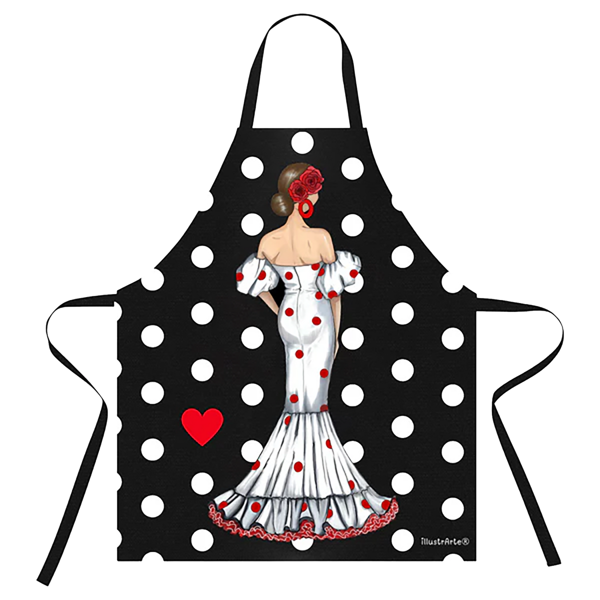 Delantal Flamenco “Maite” – Vestido Blanco con Lunares Rojos sobre Fondo Negro
