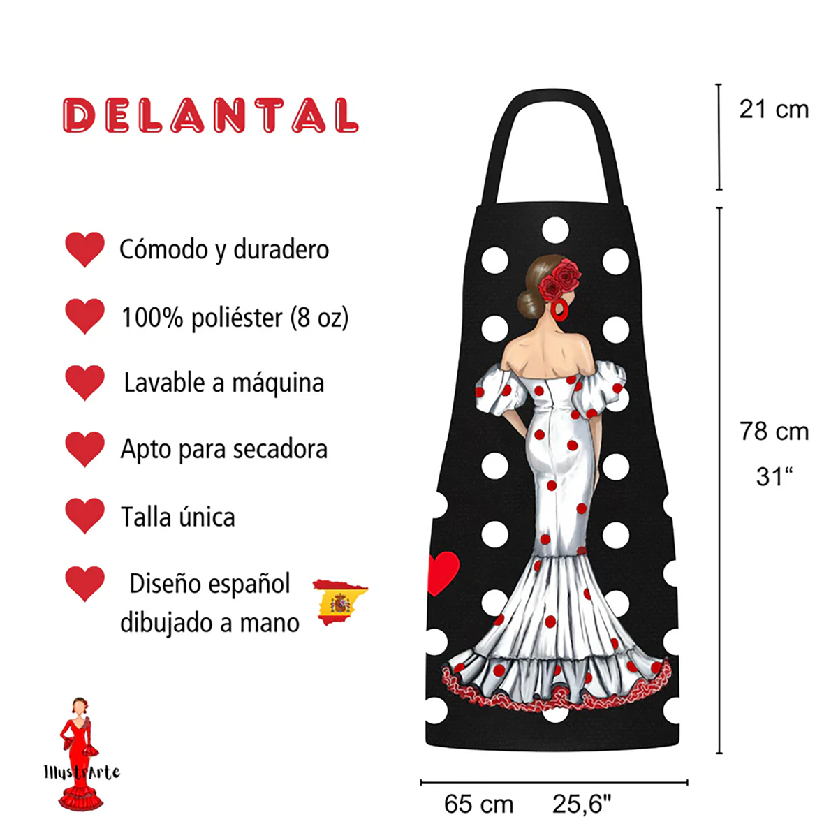 Delantal Flamenco “Maite” – Vestido Blanco con Lunares Rojos sobre Fondo Negro_exp2