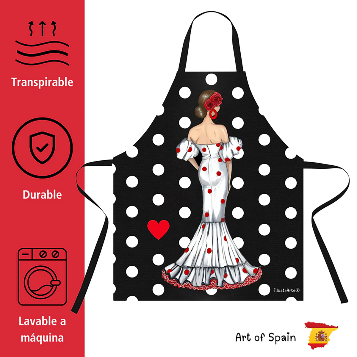 Delantal Flamenco “Maite” – Vestido Blanco con Lunares Rojos sobre Fondo Negro_exp3